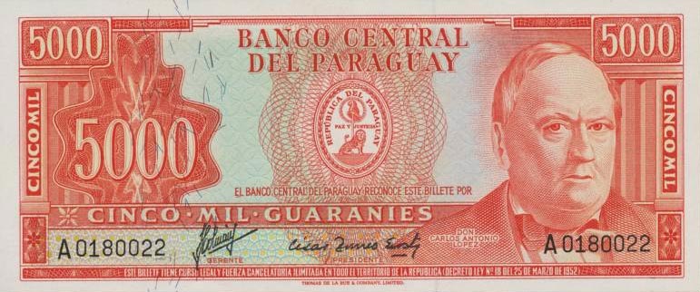 Front of Paraguay p202a: 5000 Guarani from 1952
