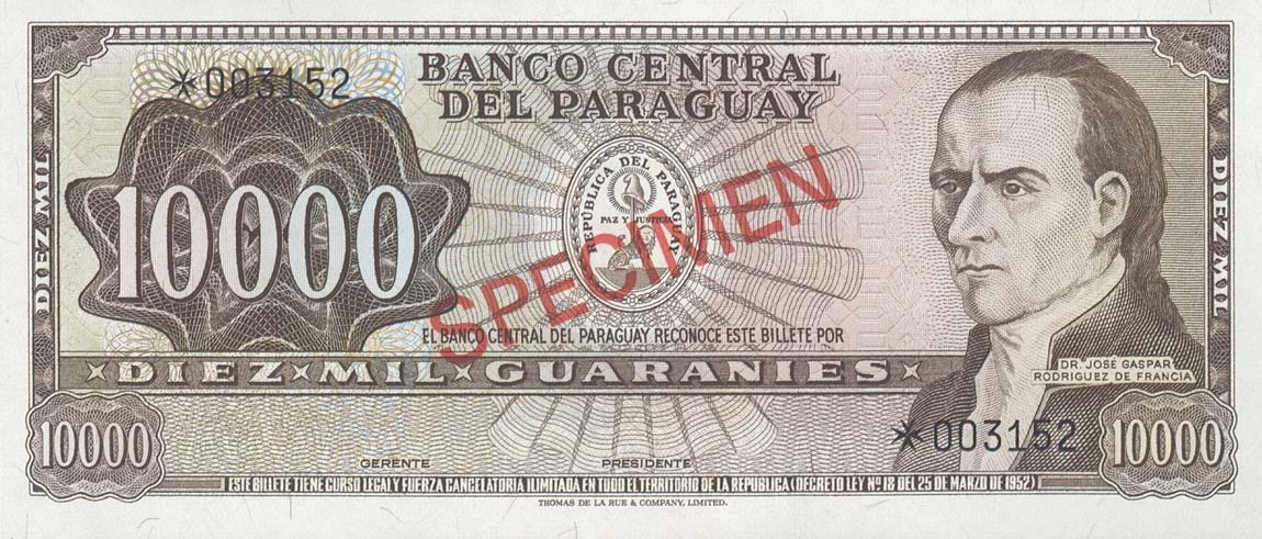 Front of Paraguay p203s: 10000 Guarani from 1952