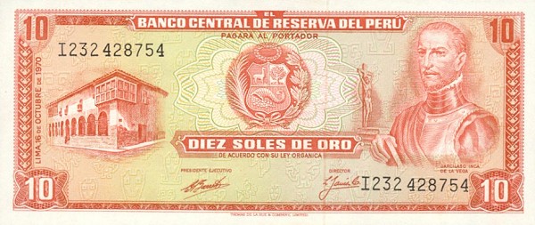 Front of Peru p100b: 10 Soles de Oro from 1970