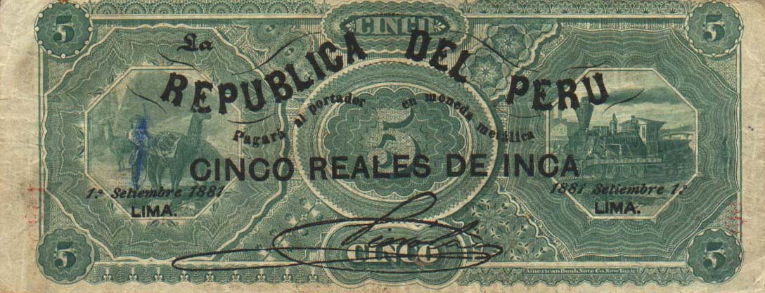 Back of Peru p12: 5 Reais from 1881