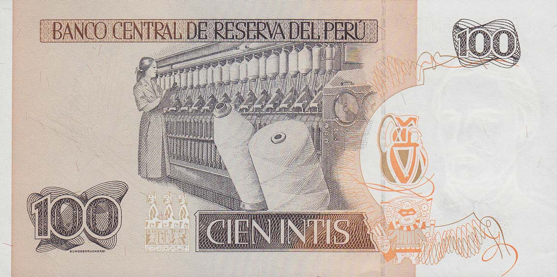 Back of Peru p133a: 100 Intis from 1987