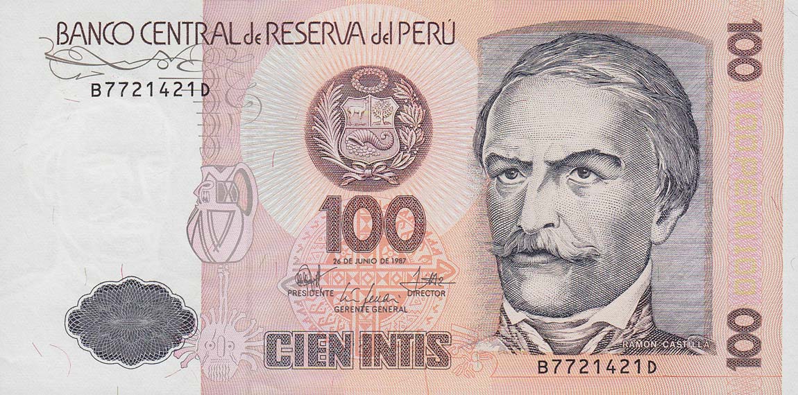 Front of Peru p133a: 100 Intis from 1987