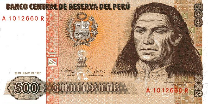 Front of Peru p134b: 500 Intis from 1987