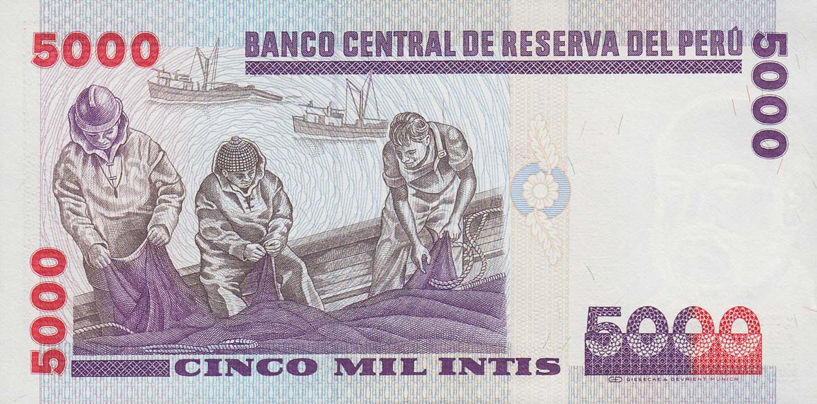 Back of Peru p137: 5000 Intis from 1988