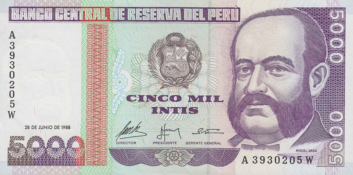 Front of Peru p137: 5000 Intis from 1988