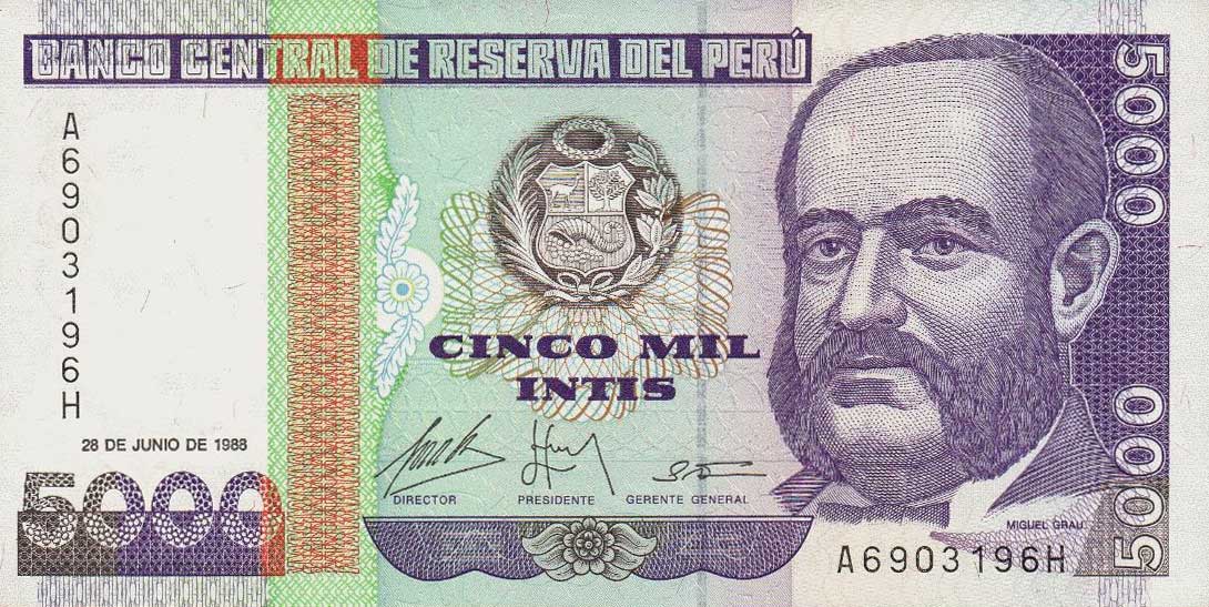 Front of Peru p138: 5000 Intis from 1988