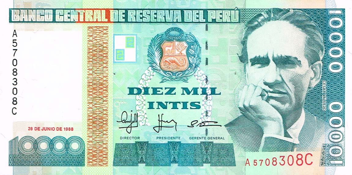 Front of Peru p140: 10000 Intis from 1988