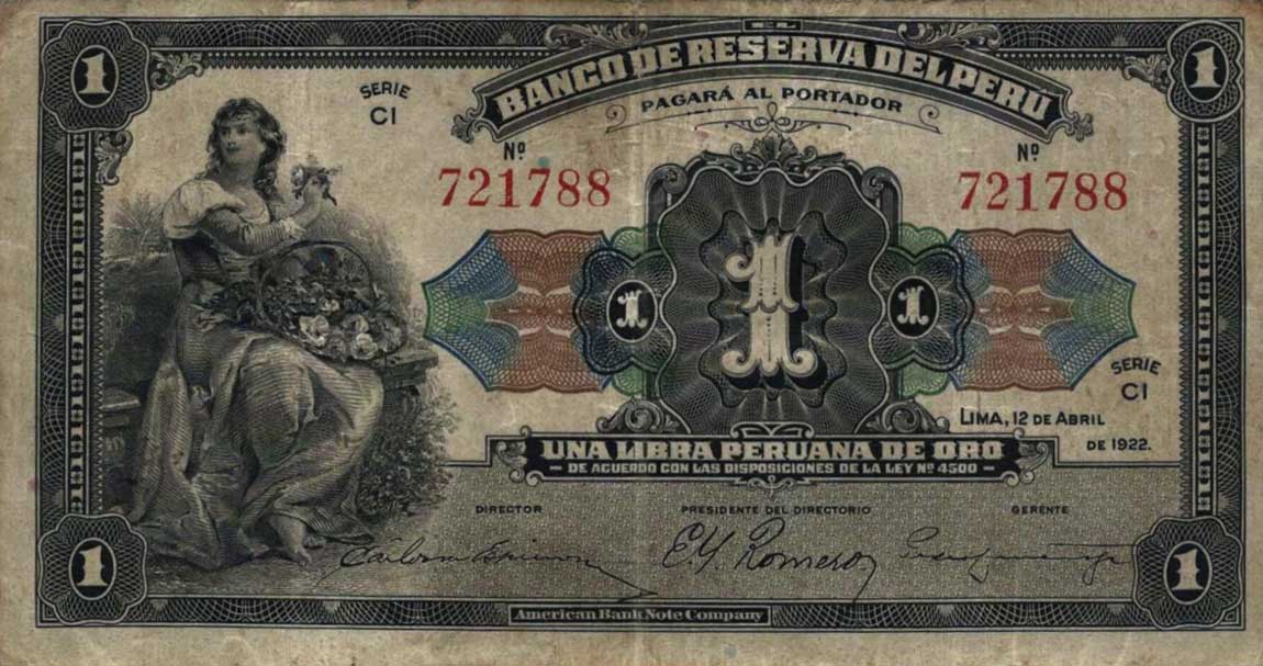 Front of Peru p49a: 1 Libra from 1922
