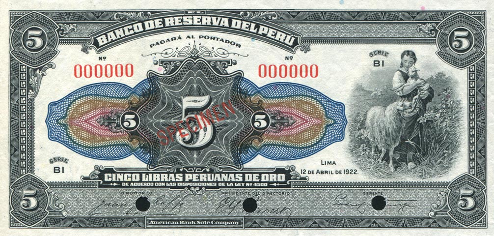 Front of Peru p50s: 5 Libras from 1922