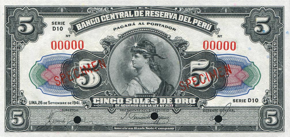Front of Peru p66As: 5 Soles from 1941