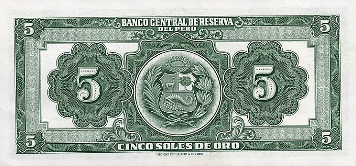 Back of Peru p70a: 5 Soles from 1952