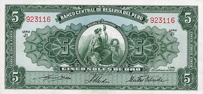 Front of Peru p70a: 5 Soles from 1952