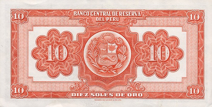 Back of Peru p71a: 10 Soles from 1951