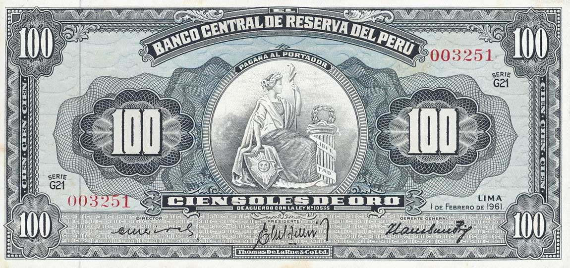 Front of Peru p79c: 100 Soles from 1961