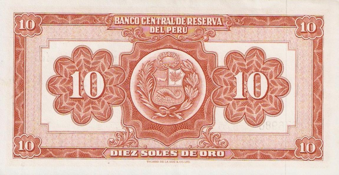 Back of Peru p84a: 10 Soles de Oro from 1962