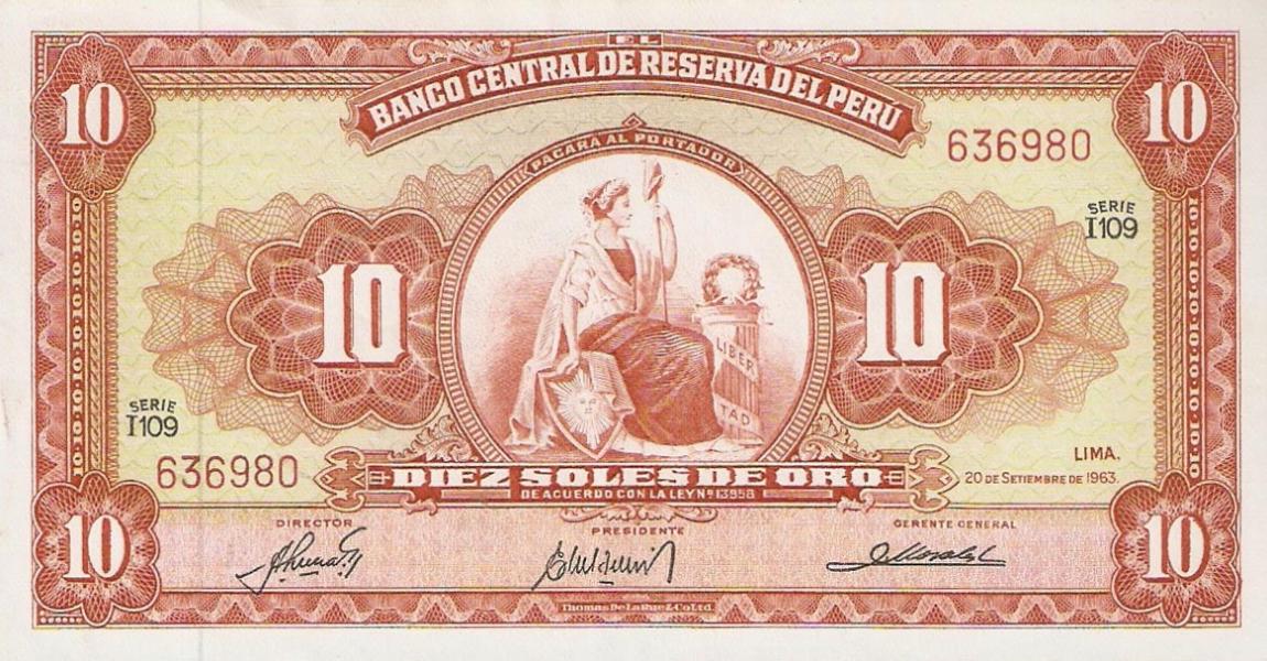 Front of Peru p84a: 10 Soles de Oro from 1962