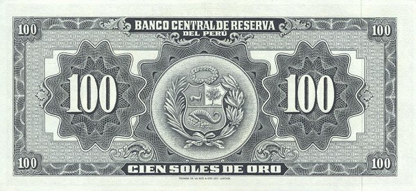Back of Peru p86a: 100 Soles de Oro from 1964