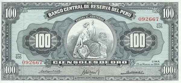 Front of Peru p86a: 100 Soles de Oro from 1964