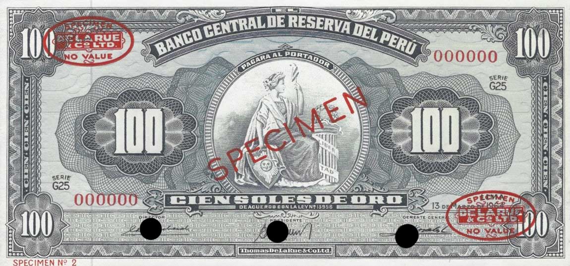 Front of Peru p86s: 100 Soles de Oro from 1964
