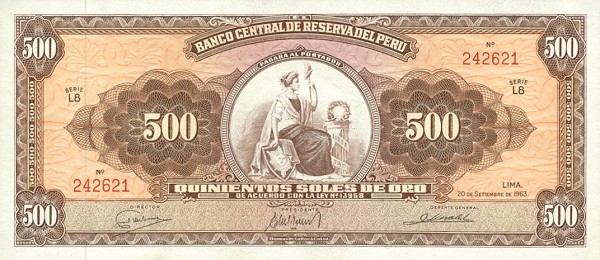 Front of Peru p87a: 500 Soles de Oro from 1962