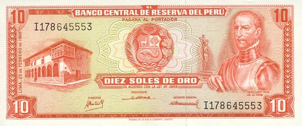 Front of Peru p93a: 10 Soles de Oro from 1968