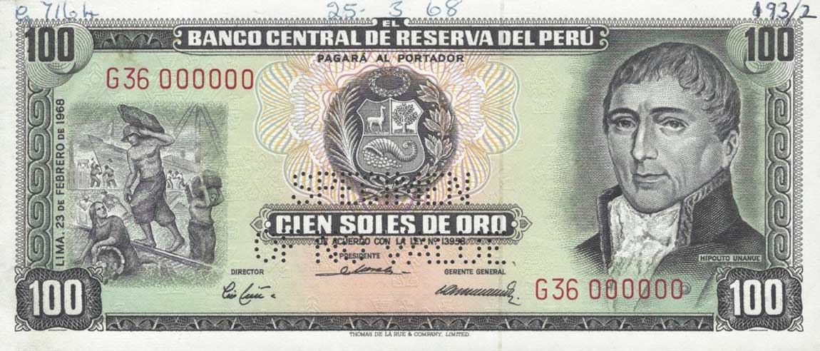 Front of Peru p95s: 100 Soles de Oro from 1968