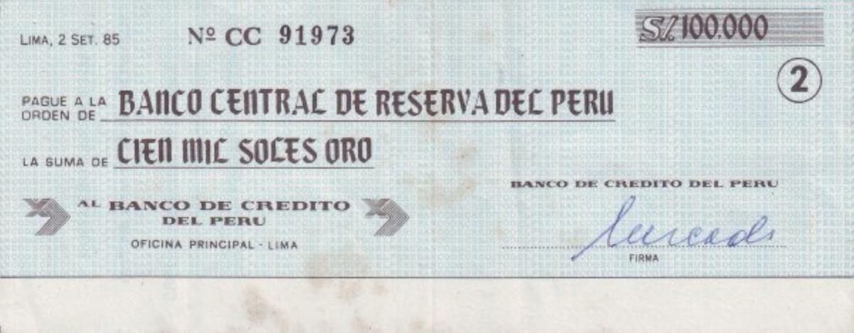 Front of Peru pR7: 100000 Soles from 1985