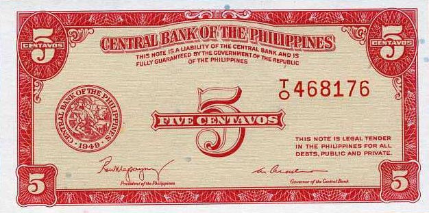 Front of Philippines p126a: 5 Centavos from 1949
