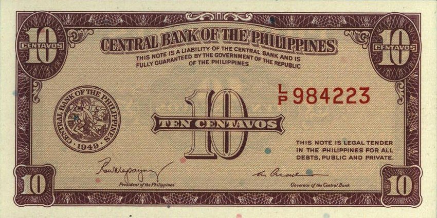 Front of Philippines p128a: 10 Centavos from 1949