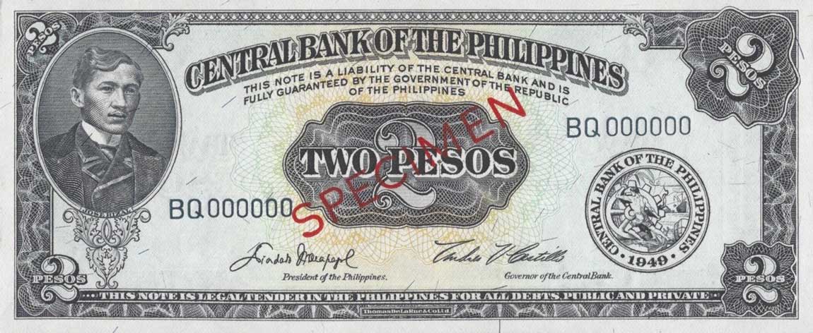 Front of Philippines p134s5: 2 Pesos from 1949