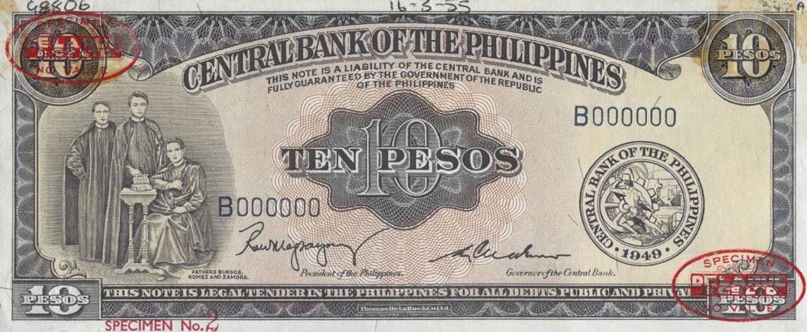 Front of Philippines p136s2: 10 Pesos from 1949