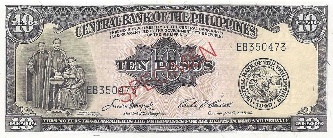 Front of Philippines p136s6: 10 Pesos from 1949