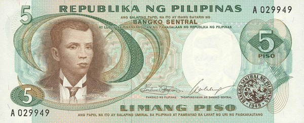 Front of Philippines p143a: 5 Piso from 1969