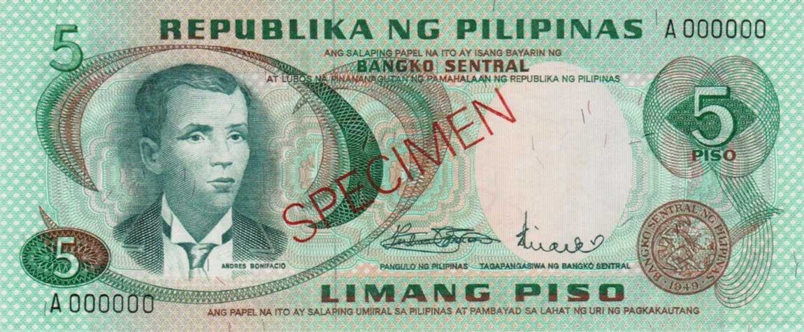 Front of Philippines p143s2: 5 Piso from 1969