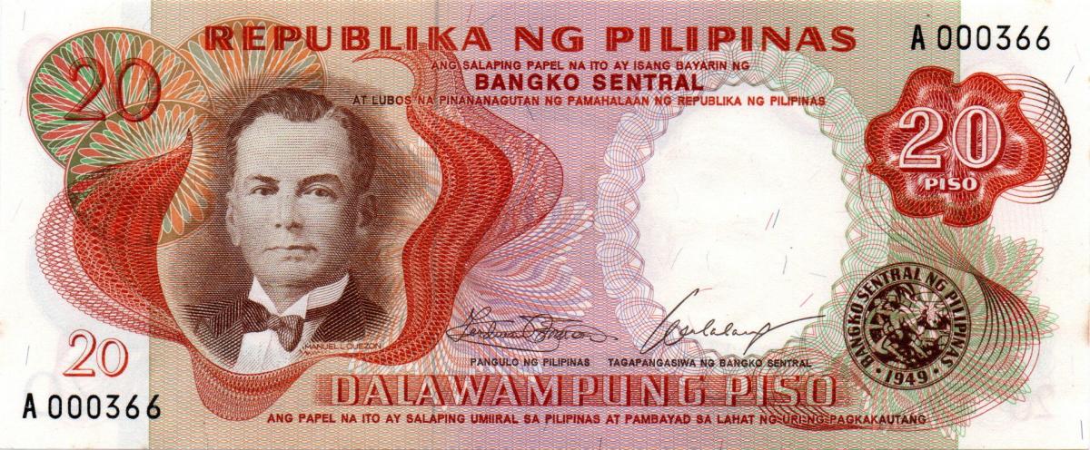 Front of Philippines p145a: 20 Piso from 1969