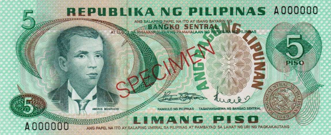 Front of Philippines p153s1: 5 Piso from 1970