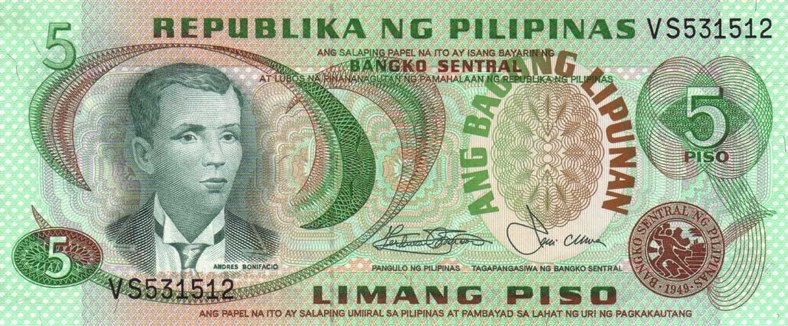 Front of Philippines p160b: 5 Piso from 1978