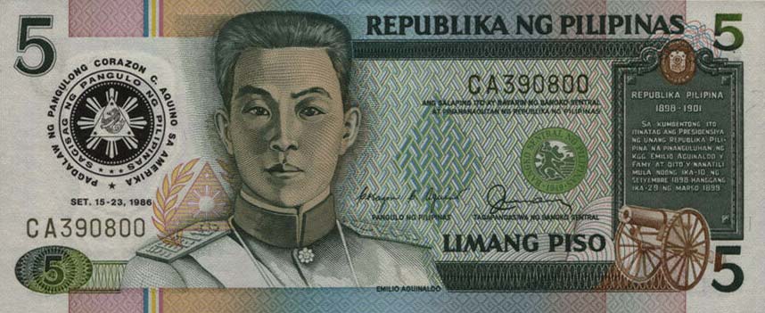 Front of Philippines p175a: 5 Piso from 1986