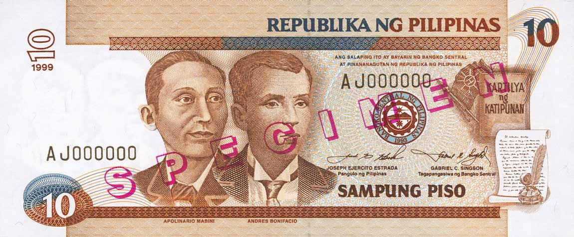 Front of Philippines p187s: 10 Piso from 1997