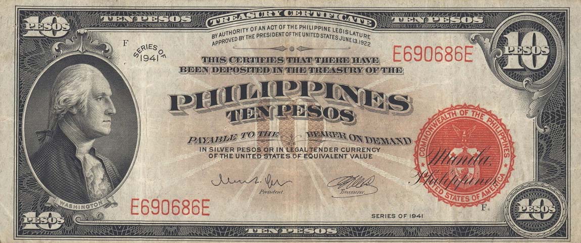 Front of Philippines p92a: 10 Pesos from 1941