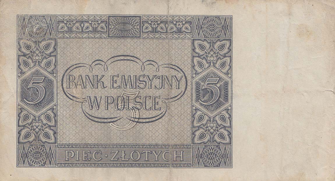 Back of Poland p101: 5 Zlotych from 1941