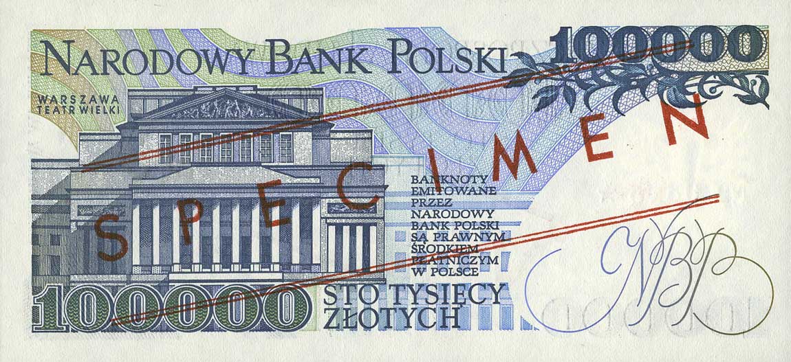Back of Poland p154s: 100000 Zlotych from 1990