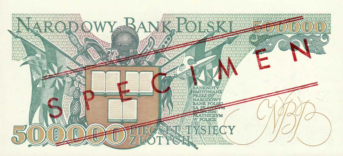 Back of Poland p156s: 500000 Zlotych from 1990