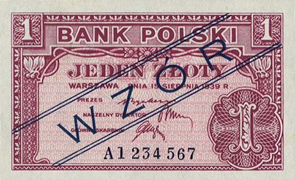 Front of Poland p79s: 1 Zloty from 1939