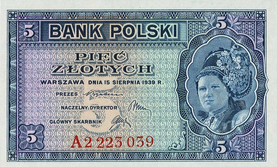 Front of Poland p81r: 5 Zlotych from 1939