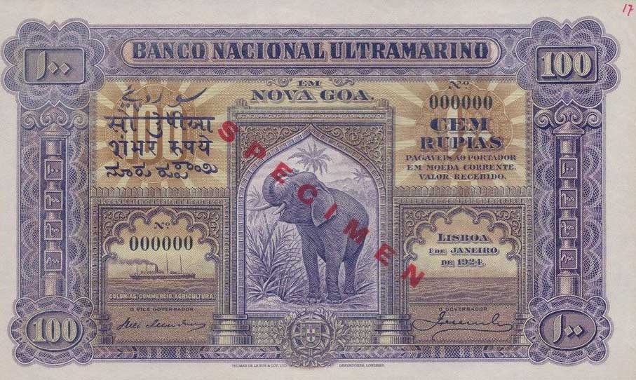 Front of Portuguese India p29s: 100 Rupia from 1924