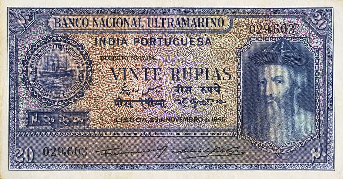 Front of Portuguese India p37a: 20 Rupia from 1945