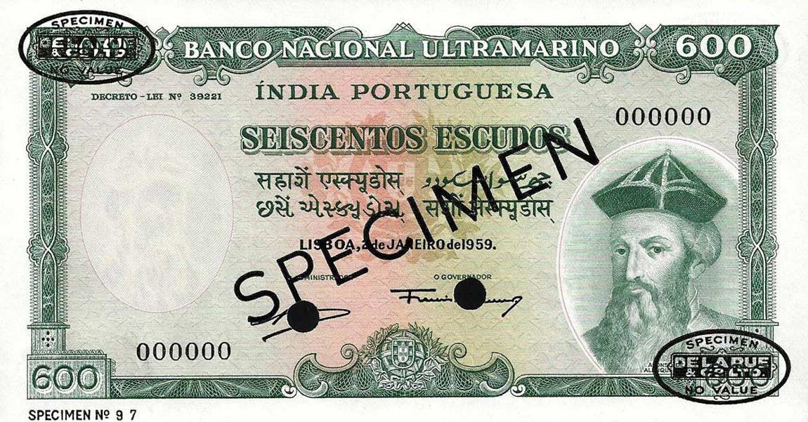 Front of Portuguese India p45s: 600 Escudos from 1959