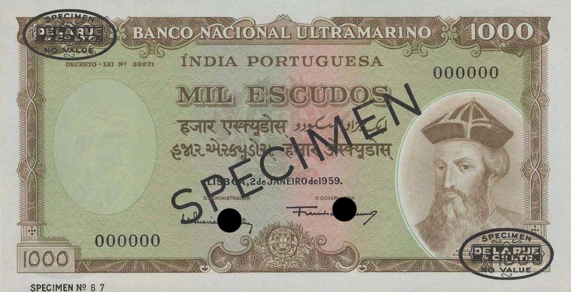 Front of Portuguese India p46s: 1000 Escudos from 1959