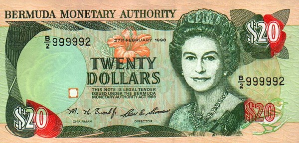 Front of Bermuda p43a: 20 Dollars from 1996